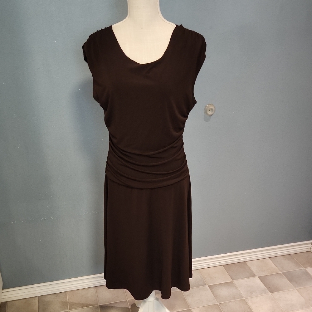 En Focus Petite Chocolate Brown Slinky Ruched Cap Sleeves Midi Dress Y2K Indie